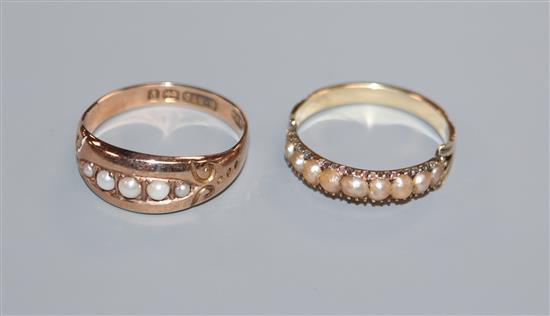 Two yellow metal and split pearl set rings including Victorian 9ct gold.